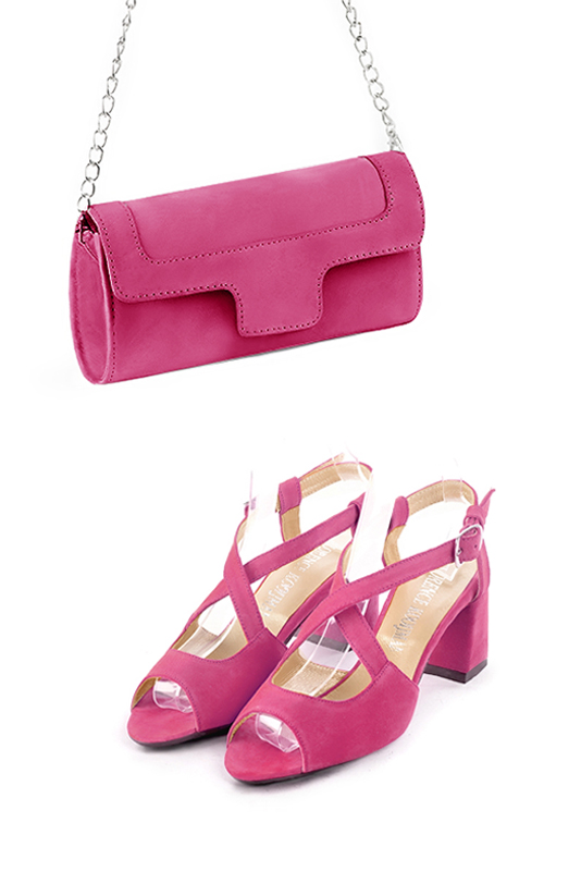 Dress clutch for wedding and parties in fuchsia pink leather - Worn view